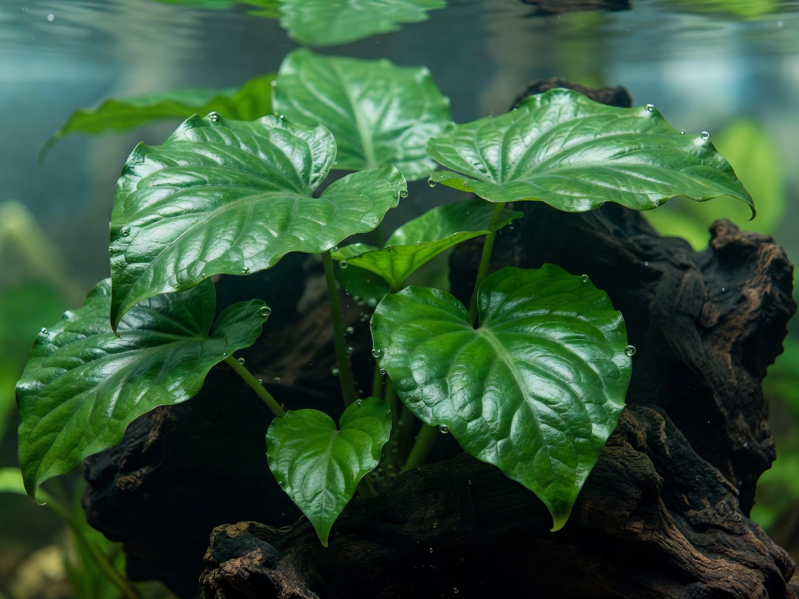 A close-up view of vibrant green Anubias leaves submerged underwater, attached to a piece of dark driftwood.