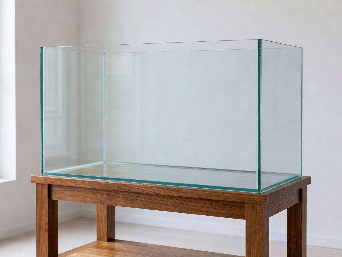 A clean, empty glass aquarium resting on a sturdy wooden stand, ready for substrate and equipment.