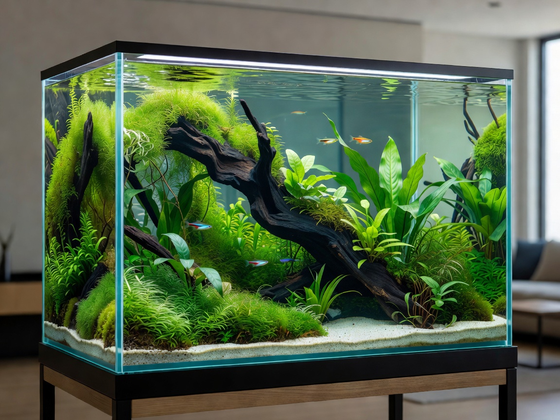 A beautifully aquascaped freshwater aquarium with driftwood, vibrant green plants, and clear water sitting in a modern home environment.