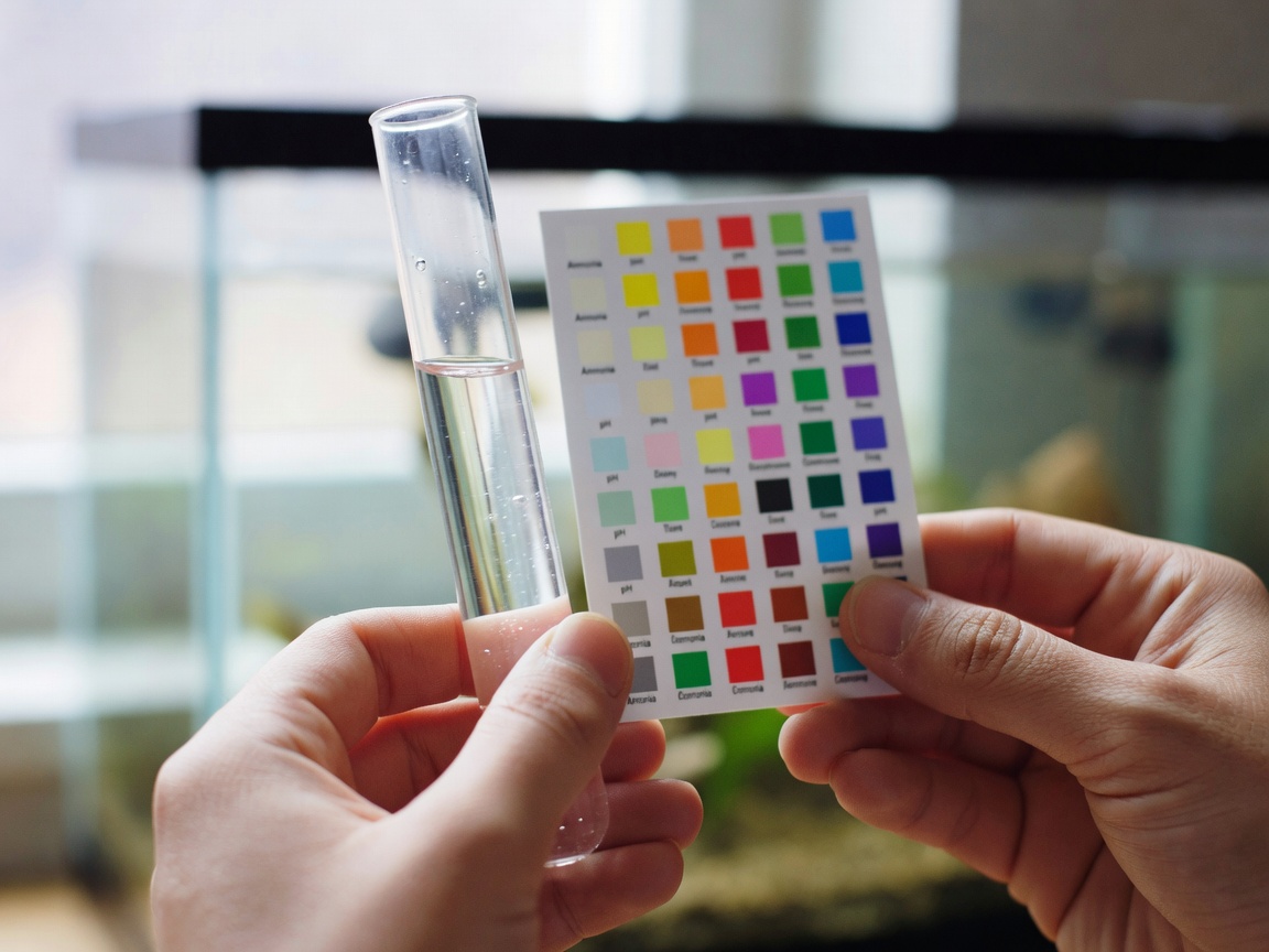 A person holding a glass test tube filled with aquarium water next to a color chart to measure water parameters like ammonia and pH.